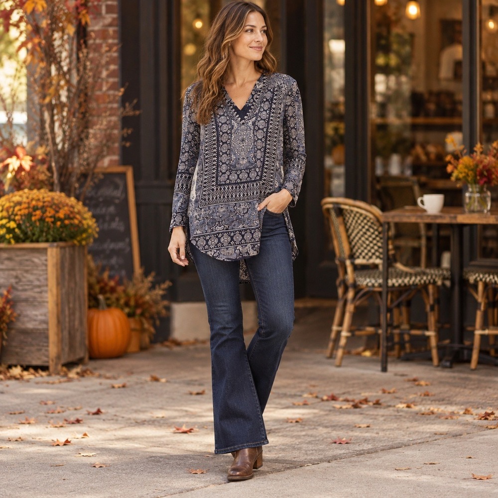 Lucky Brand Navy Cream Paisley Border Print Tunic Blouse Boho Long Sleeve